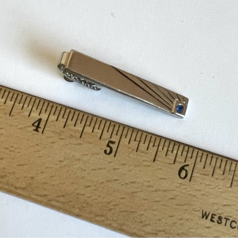 Vintage Silver Tone Striped Tie Clip With Blue Sapphire Rhinestone Inlaid - Picture 4 of 6